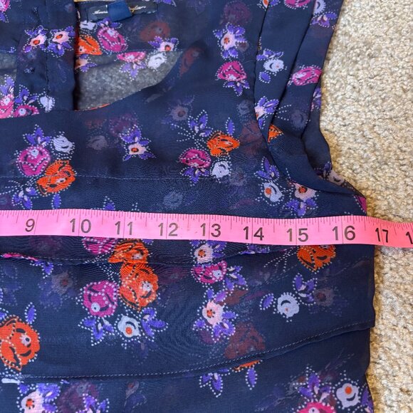 American Eagle Sheer Floral Ruffle Shirt Women's Size XS Navy Blue #189 - Picture 7 of 9